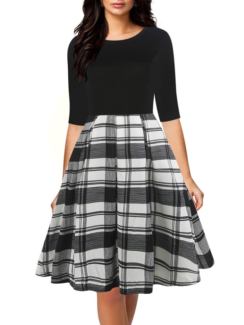 oxiuly Women's Vintage Half Sleeve O-Neck Contrast Casual Pockets Party Swing Dress OX253 (B-W Plaid, XXL) - Image 1